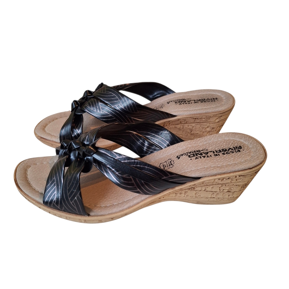 Size 8 Made in Italy Elegant Black Wedge Sandals Genuine Leather